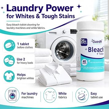 Bleach Tablets for Laundry & Household Cleaning 40 Count Fast Dissolving Bleach Tabs for Washer, Toilet, Bathroom & Kitchen Liquid Bleach Alternative GuardH