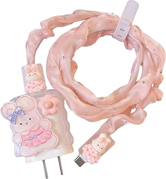 Redair Charger Cover Compatible with iPhone 18W/20W USB-C Power Adapter Cute Animals Charger Protector,Cable Saver for iPhone 17 16 15 Pro Max 5in1 Pink Rabbit