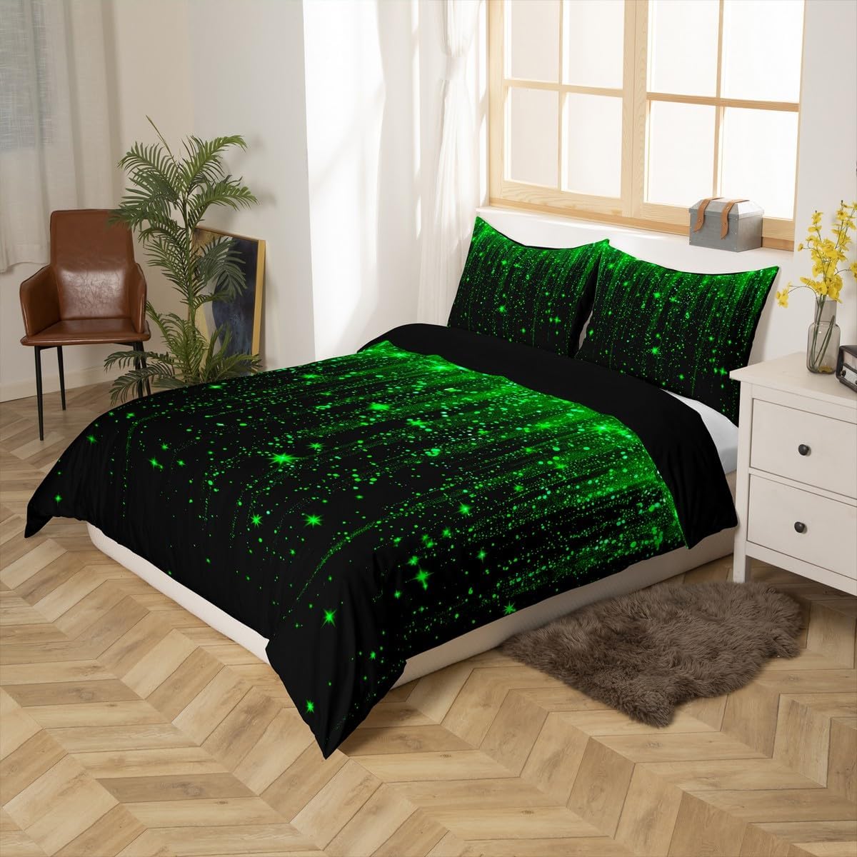 Abstract Ombre Duvet Cover Set Toddler Size,Green Black Bedding Set for Kids Boys Girls Room Decor,Modern Geometric Comforter Cover,Glitter Galaxy Stars Quilt Cover with 1 Pillowcase(No Comforter)