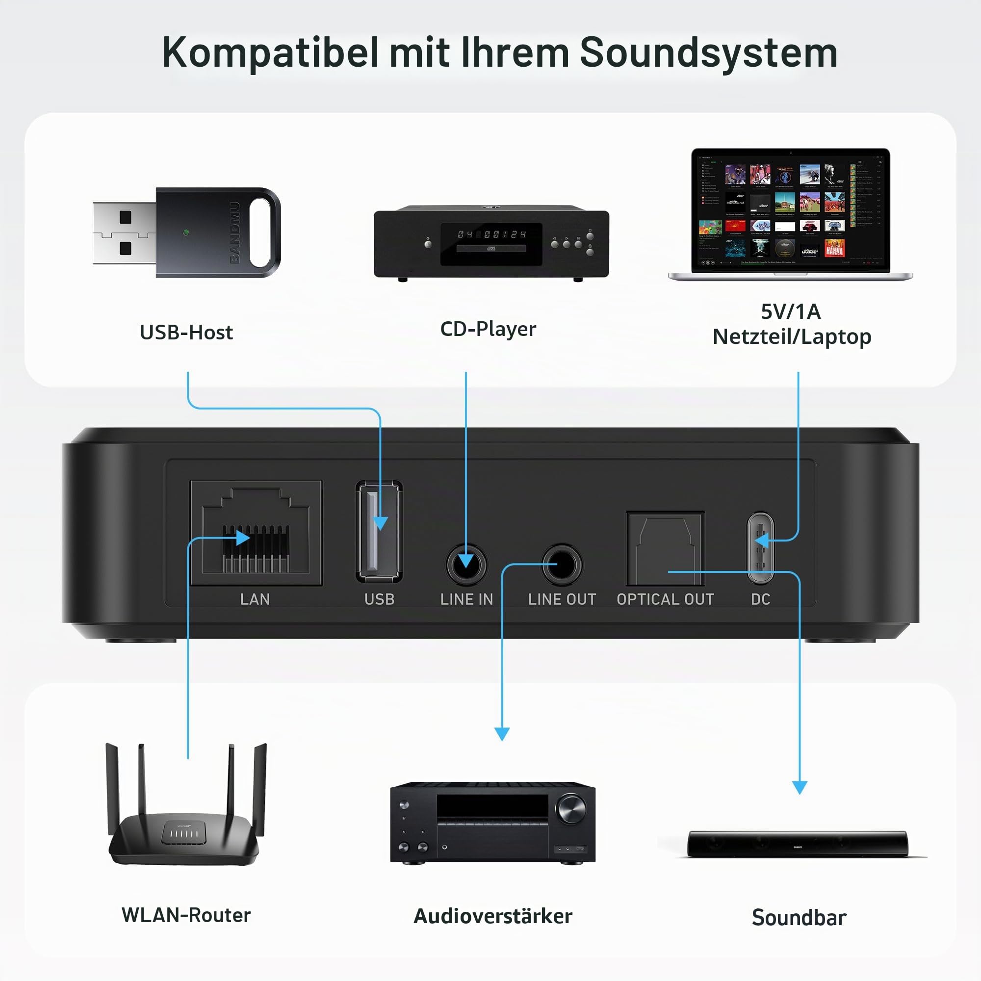 Arylic LP10 Wireless Music Streamer, Unterstützt AirPlay 2, Google Cast, Apple Home und Spotify & Tidal verbinden mehrere Streaming-Optionen, 5G WiFi und Bluetooth Vorverstärker mit App, Fernbedienung