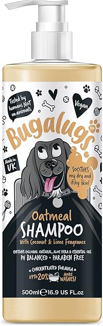 BUGALUGS Oatmeal & Aloe Vera Dog Shampoo dog grooming shampoo products for smelly dogs with fragrance, oatmeal puppy shampoo, professional Vegan pet shampoo & conditioner (500ml)