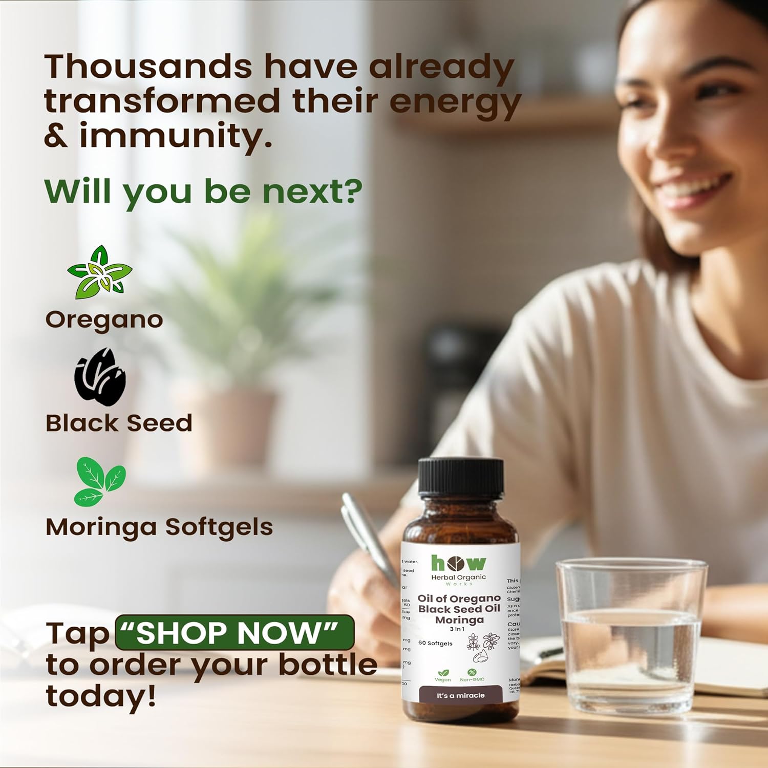 3-in-1 Oregano Oil, Black Seed Oil & Moringa – 60 Vegan Capsules | Herbal Blend Supplement | Non-GMO, Sugar-Free, Gluten-Free | Daily Wellness Support