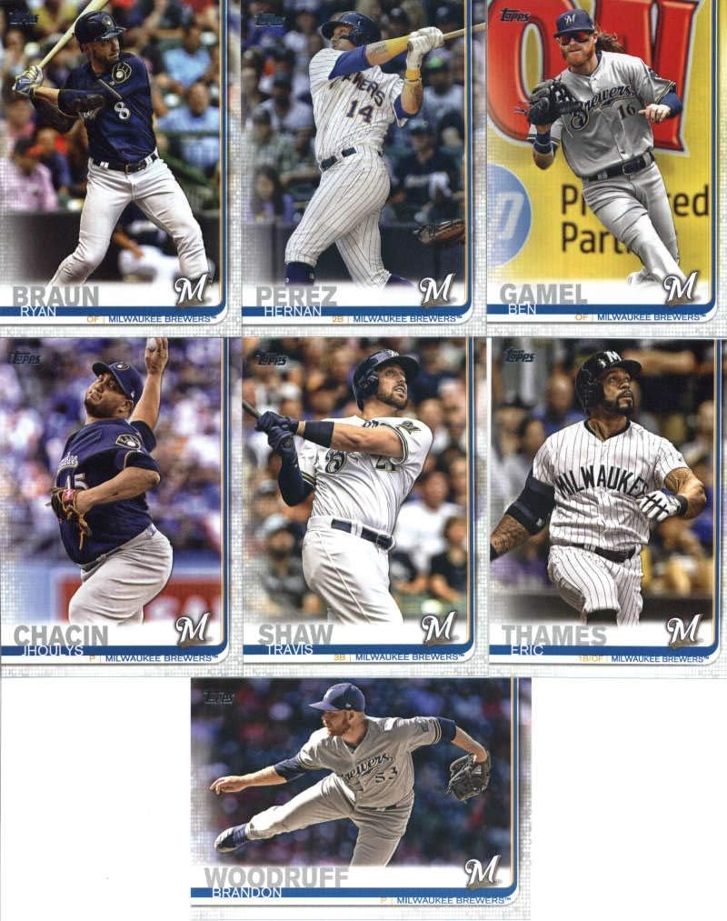 2019 Topps Master (Series 1 & 2, Update) Baseball Milwaukee Brewers Team Set of 33 Cards: Chase Anderson(#5), Josh Hader(#30), Miller Park(#79), Corbin Burnes(#94), Zach Davies(#122), Christian Yelich(#239), Jonathan Schoop(#259), Orlando Arcia(#272), Jesus Aguilar(#287), Christian Yelich(#300), Lorenzo Cain(#330), Jeremy Jeffress(#362), Ben Gamel(#506), Corey Knebel(#554), Ryan Braun(#614), Hernan Perez(#617), Christian Yelich/Orlando Arcia (#625), plus more