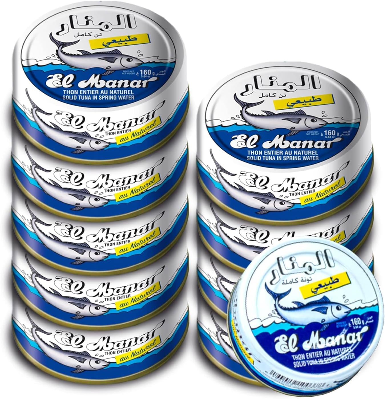 El Manar Solid Light Tuna in Water- 5.6 oz Pack of 10 - Canned Tuna Fish in Spring Water - Non-GMO - Gluten Free Tuna