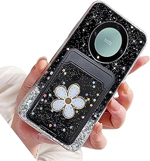 Rnrieyta Miagon Glitter Wallet Transparent Case for Honor Magic 5 Lite 5G,Card Slot Bumper Slim Fit Bling Star Soft Cover with Cute Flower Card Holder,Black