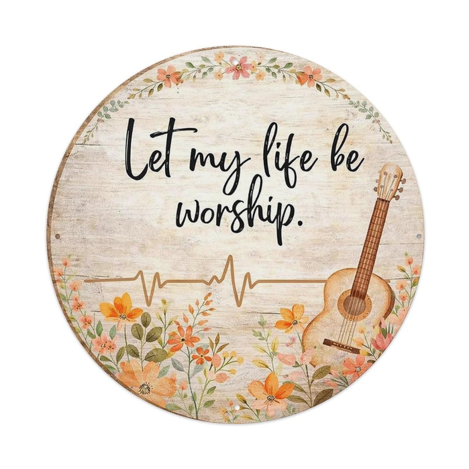 Floral Guitar Heartbeat Script Wood Vintage Round Tin Sign Retro Metal Wall Decor Metal Poster, Home Bar Garage Cafe Wall Art Decoration 8x8Inches