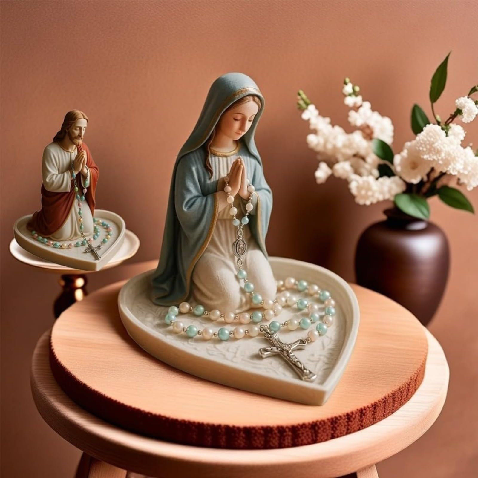 Virgen María Rosario de Resina Figura Religiosa 15x15 cm Decoración Hogar