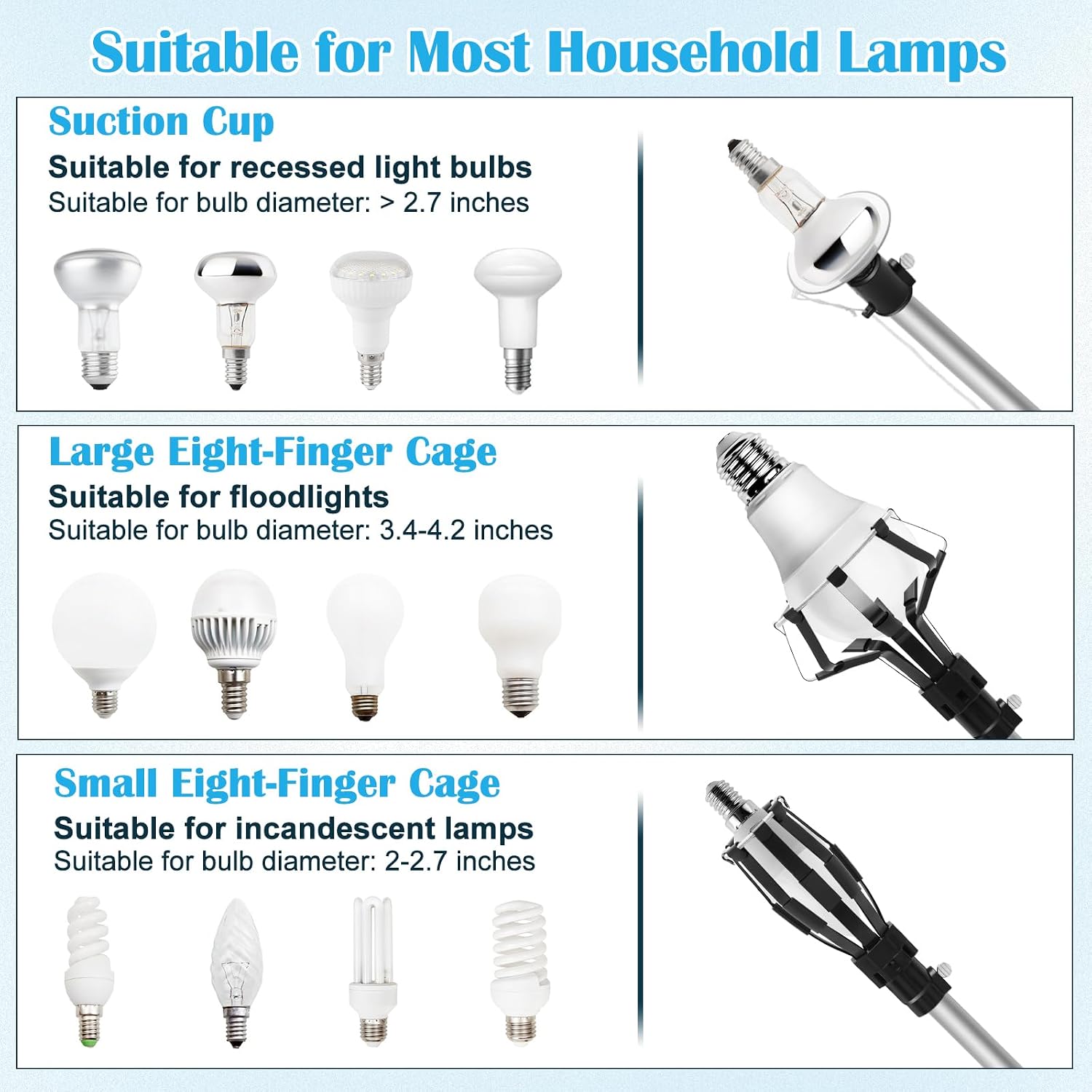 13FT Light Bulb Changer for High Ceilings Snap-On Design Light Bulb Extension Pole Changer, High Reach Light Bulb Changer with Baskets and Suction Cup, High Ceiling Light Bulb Changer with Pole | Extension Pole, High Reach Changer with Baskets and Suction Cup