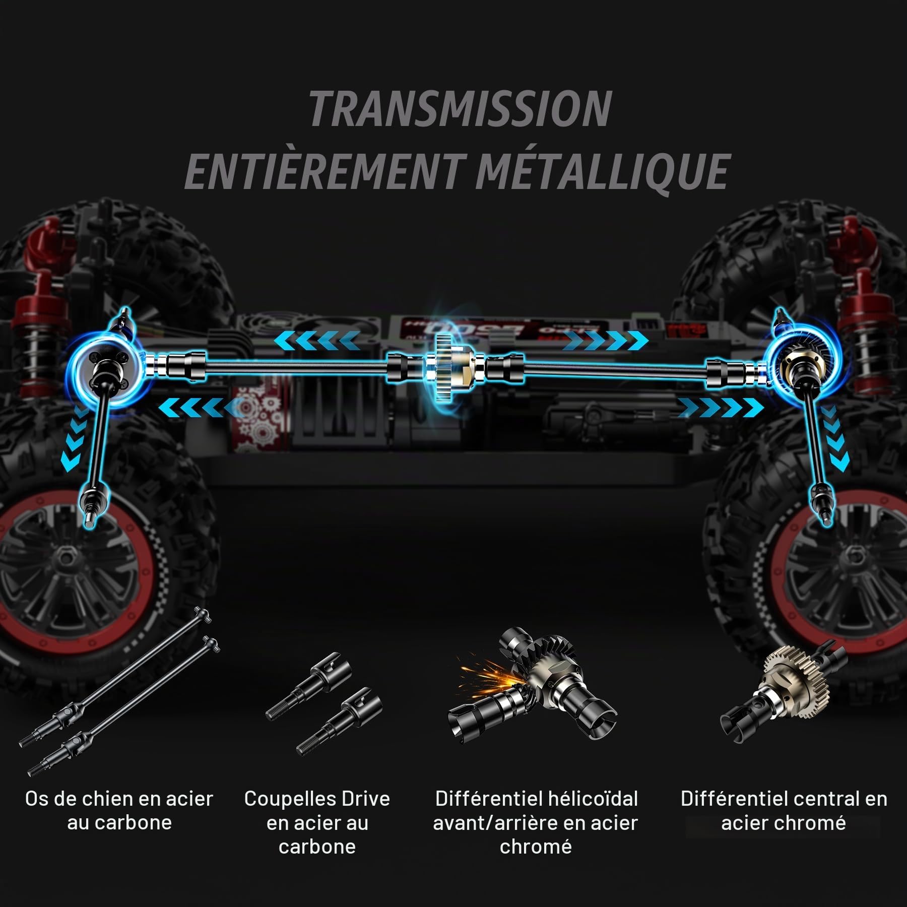 Hosim - Voiture télécommandée rapide pour adultes 80 km/h, mini camion télécommandé 1:8 avec trois différentiels, 4WD tout-terrain étanche RC Car avec 2 batteries 3S