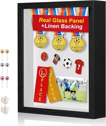 11x14 Shadow Box Frame with Shatterproof Clear Glass & Push Pins | With Linen Back and Stand, Deep 1.5" Black Shadow Box Display Case – Display on Tabletop or Wall for Photo, Wedding, Keepsake