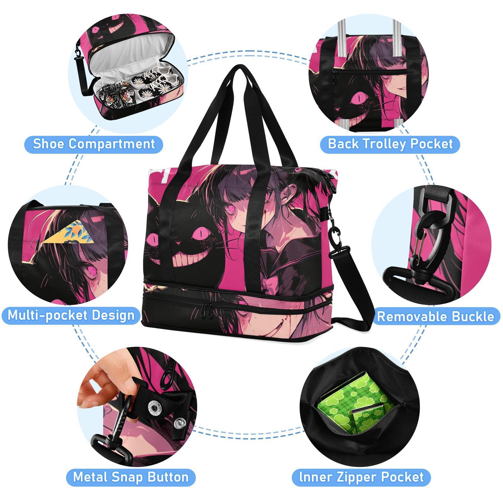 Peach Black Psycho Girl Bolsa de viaje con bolsillo húmedo, correa ajustable, bolsa de viaje para gimnasio, gran capacidad para hombres y mujeres