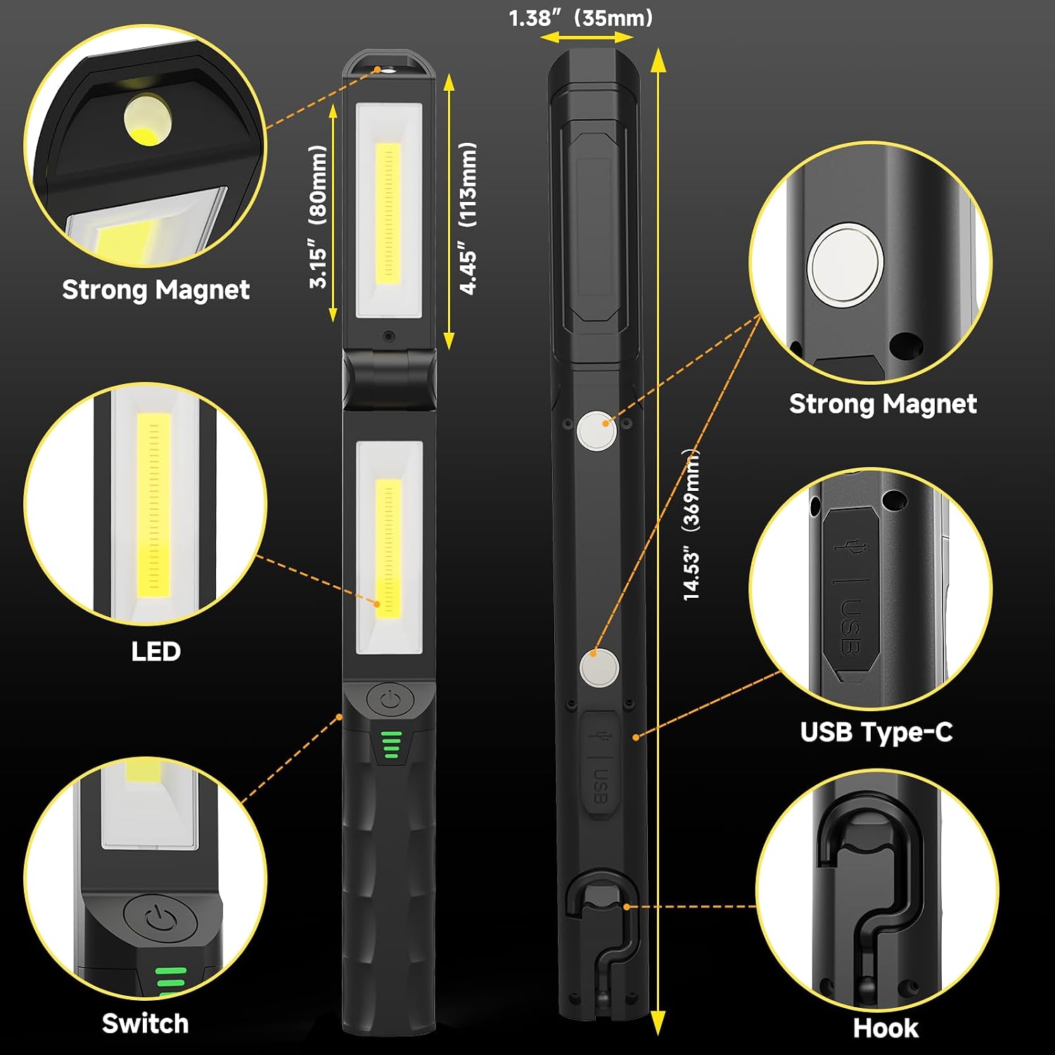 2 PCS Work Light Magnetic,2600ML LED Mechanic Lights, Rechargeable Light, Underhood Light with Hooks for Car Repairing/Garage/Workshop/Emergency/Inspection Black