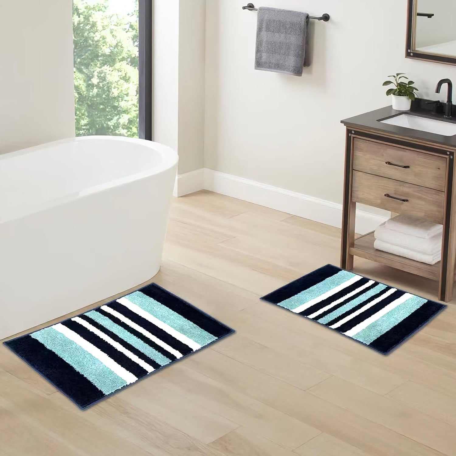 2 Piece Bathroom Rug Set 18''x28''+18''x28''– Soft & Quick-Dry Polyester Bath Mat Set with TPR Non-Slip Backing – Absorbent Bathroom Floor Rugs for Shower, Tub, and Sink. (Navy Stripes)