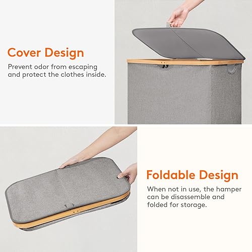 Miniatura 105 de Lifewit Cesta grande de 100 litros con tapa para ropa con asas de bambú y bolsa extraíble, plegable para dormitorio, baño, residencia universitaria