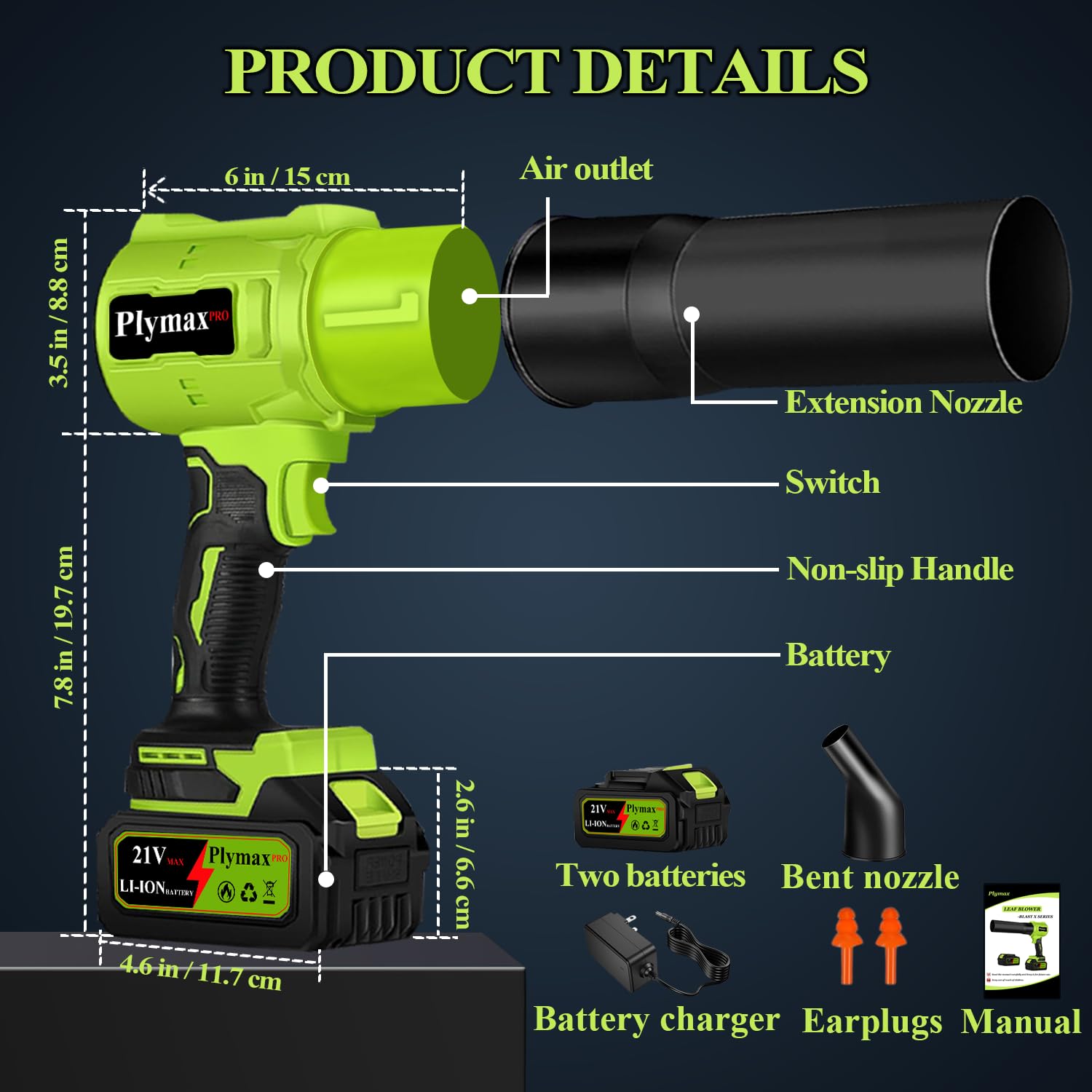 Soffiatore elettrico portatile senza fili, 800.000 giri/min, soffiatore per foglie senza fili, con 2 batterie da 4,0 Ah e caricabatterie, spazzaneve con 2 ugelli per patio, cura del prato