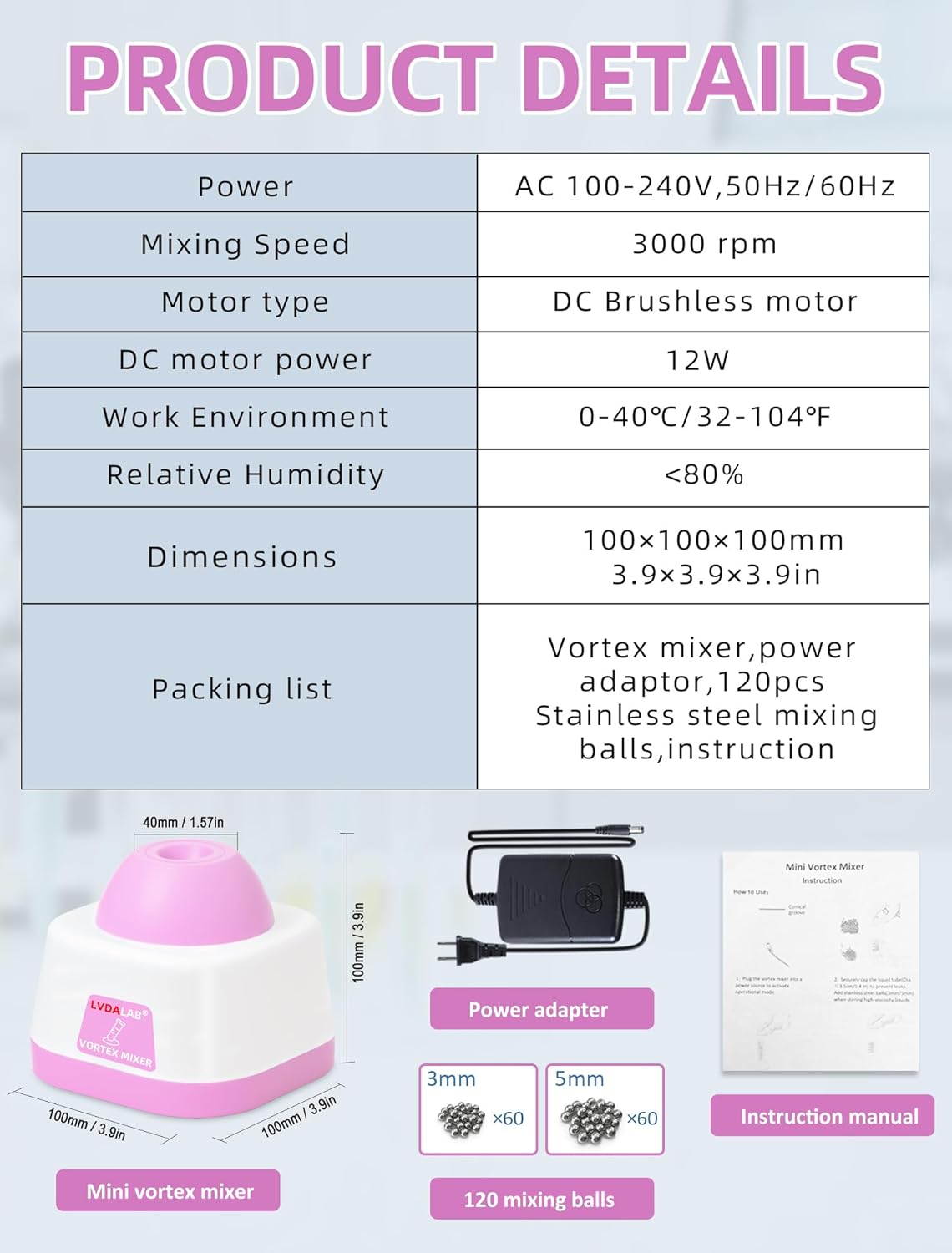 Mini Vortex Mixer, Nail Polish Shaker, Hobby Vortex Paint Mixer, 3500RPM Model Paint Shaker for Gel Polish, Acrylic Paints, Eyelash Adhesives, Tattoo Ink, 120PCS Stainless Steel 304 Mixing Balls(PINK)