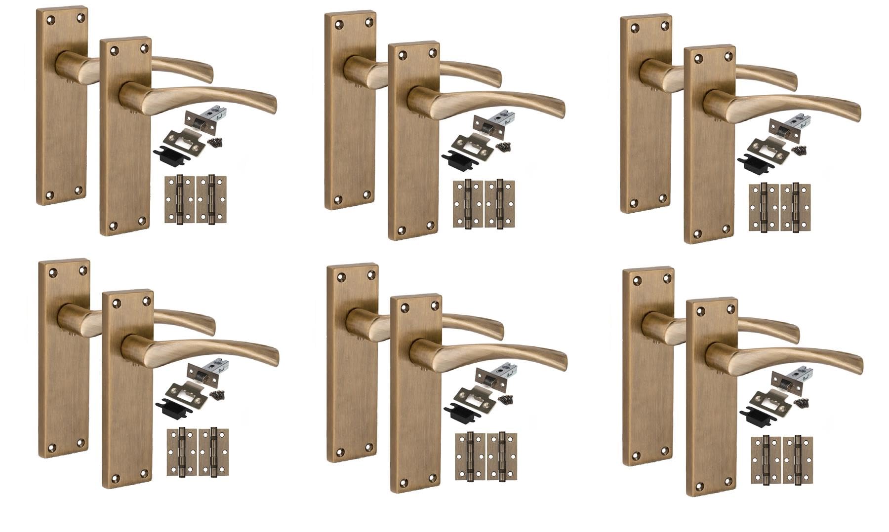 Golden Grace Antique Brass 6 Pair Victorian Astrid Internal Door Handle Sets 150 X 40Mm With 2.5" Latch & Hinges