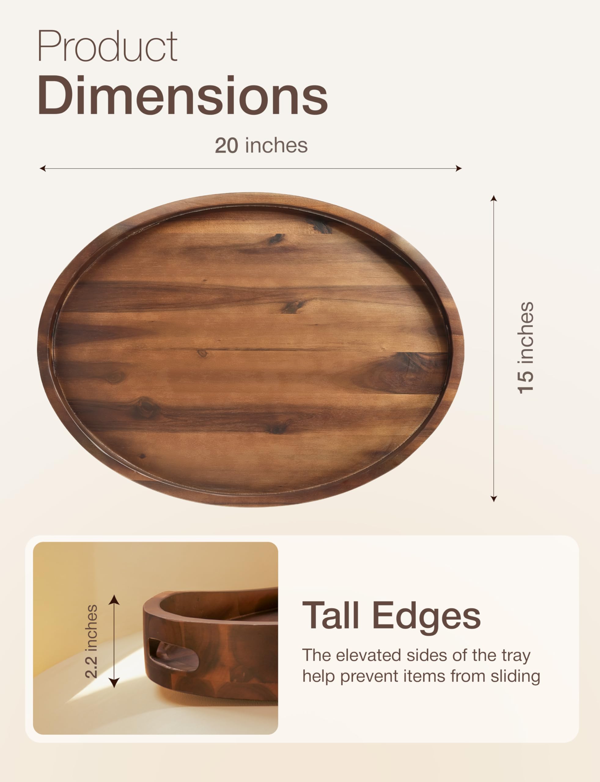 TIDITA Bandeja otomana de madera de acacia con asas, redonda de 20 x 15 pulgadas, bandejas ovaladas grandes para servir para sala de estar, bandejas de madera decorativas para encimera de cocina, mesa