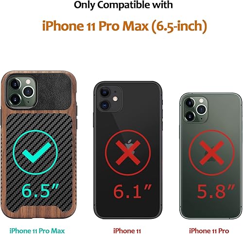 Miniatura 7 de Funda magnética compatible con iPhone 11 Pro Max compatible con MagSafe diseño de fibra de carbono de madera y cuero, funda híbrida a prueba de