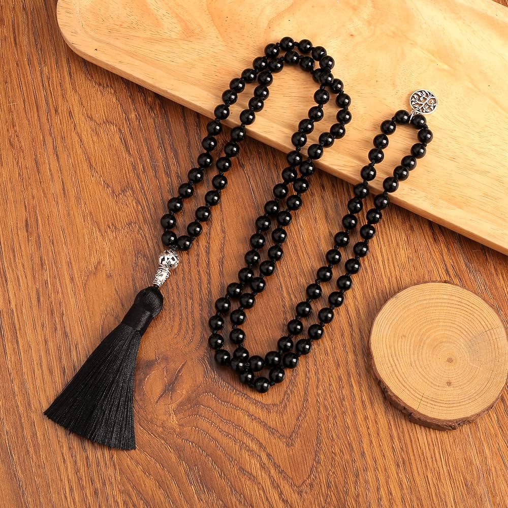 108 Mala Prayer Beads Necklace Natural Stones Meditation Yoga Jewery 108 Hand Knotted Japa Mala Beaded Long Tassel Necklace with Tree of Life Pendant for Men and Women - Image 2