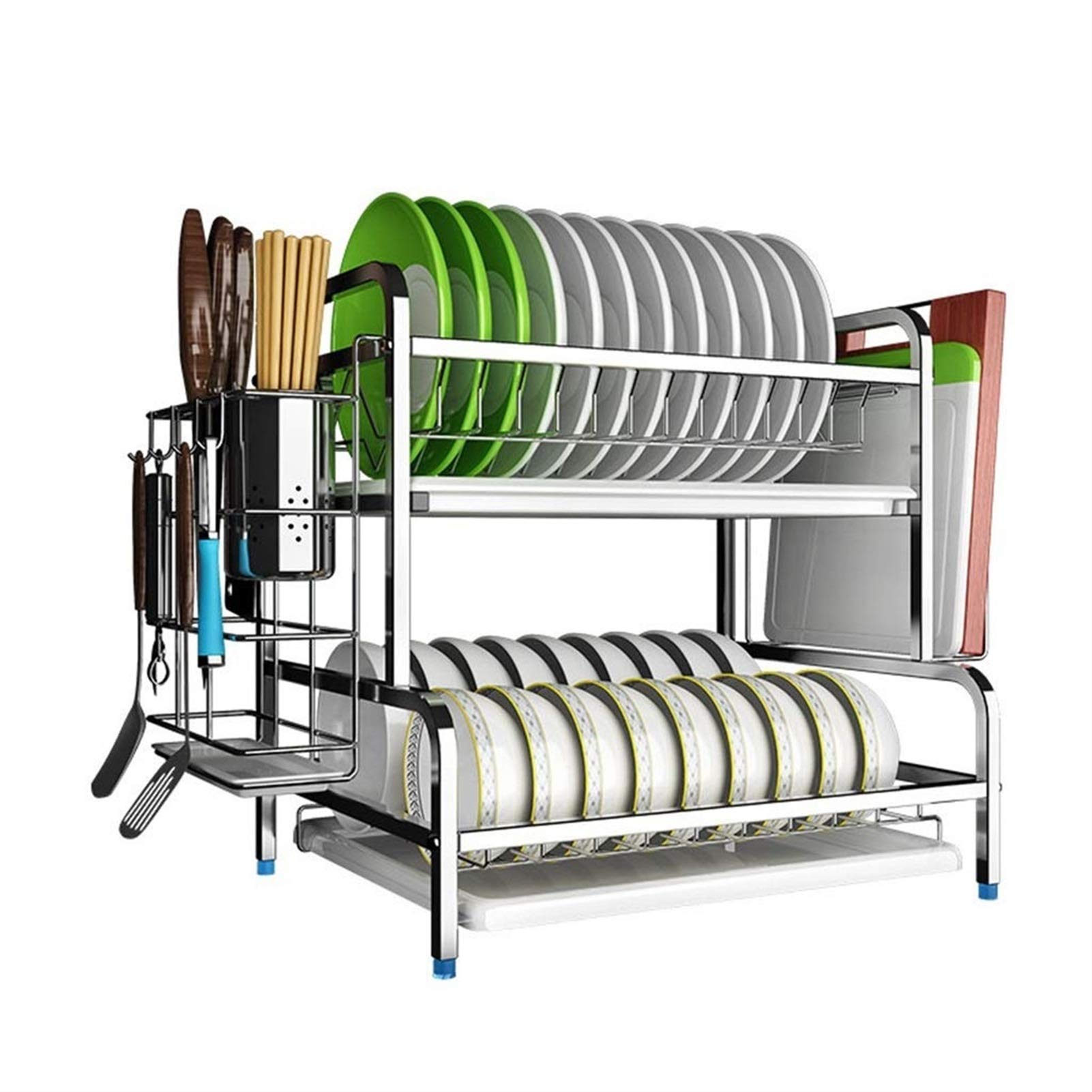 XYIANG Utensil Holders Rectangle Wall Shelf Unit | 2 Tier Kitchen Bedroom Living Room Floating Shelves | Dish Drying Rack | Kitchen Rack with Chopsticks Cage and Tray