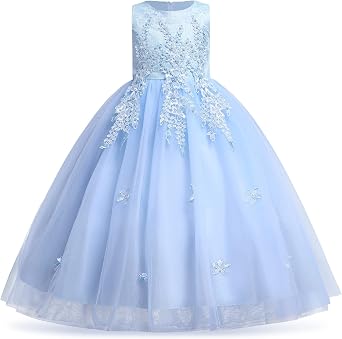 Girls Princess Tulle Lace Flower Pageant Dress Puffy Floor Length Wedding Bridesmaid Dress Party Tutu Maxi Gown