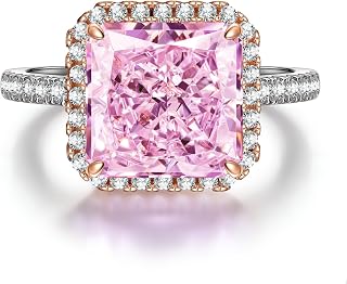 GONA 5CT Pink Diamond Ring Anniversary For Women VVS Brilliant Cut Halo | 10X10MM Tarnish Resistant Silver Elegant Cocktail Rings Handmade Perfect For Christmas Engagement And Birthday Gifts