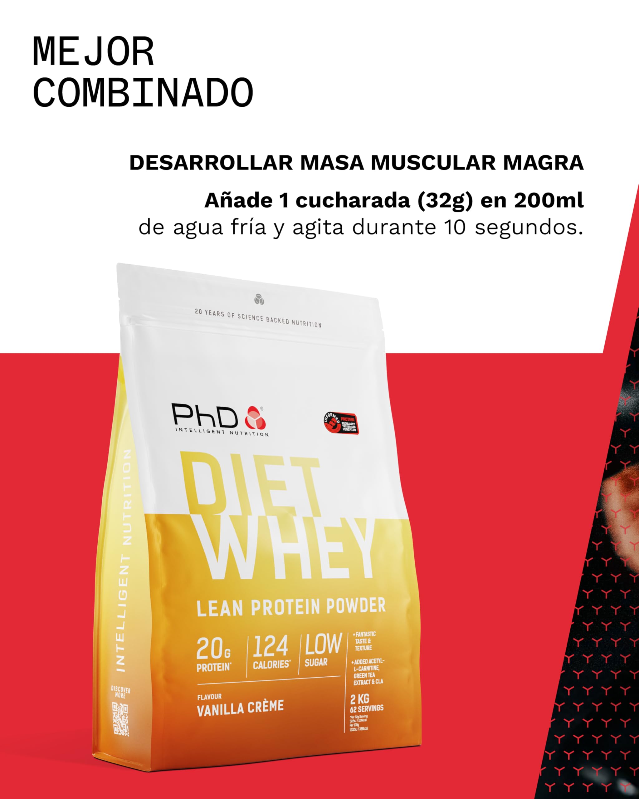 PhD Nutrition Diet Whey Protein en polvo 2kg Crema de vainilla, Proteína en polvo baja en calorías para complementar la dieta con 16g de proteína por ración