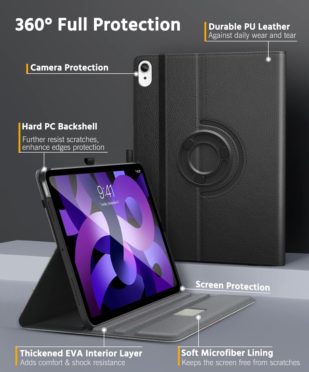 MoKo iPad Air Case 5th/4th Generation 10.9 Inch 2022/2020 with Pencil Holder,90 Degree Rotate Leather Back,Multi-Angle Viewing,Support Pencil 2nd Charging/Touch ID,Auto Sleep/Wake,Black