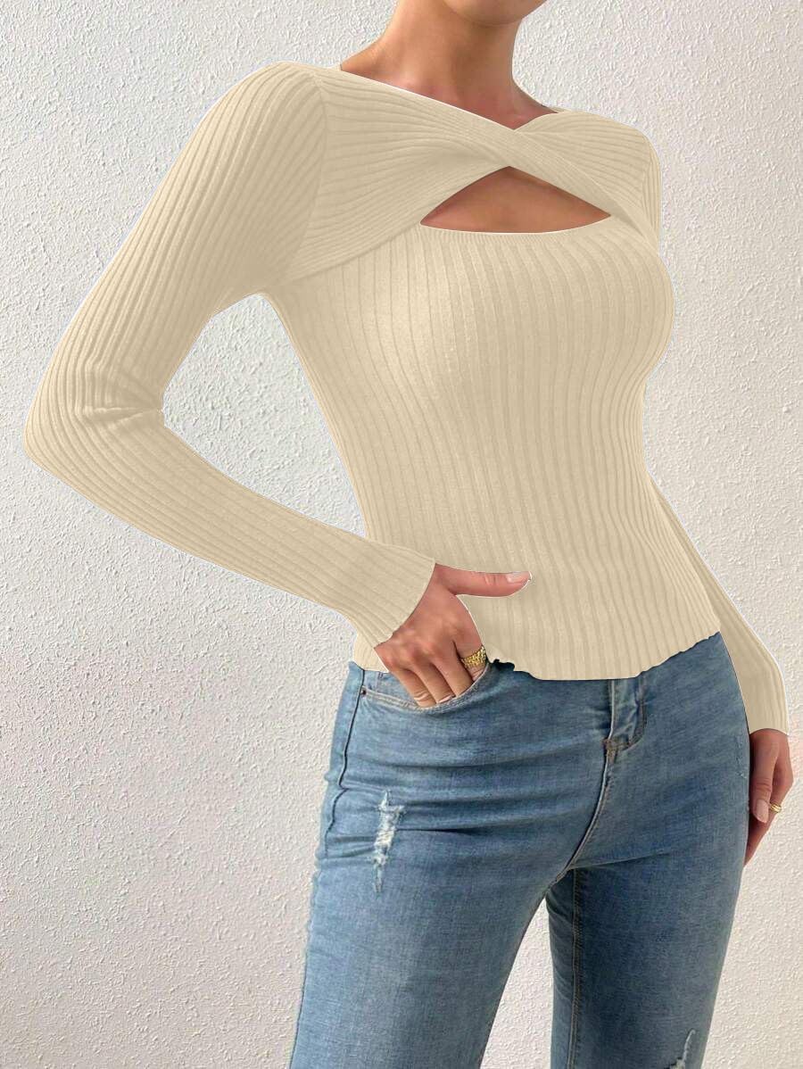 Ribbed Sweaters for Women Cut Out Tops for Women Long Sleeve Fitted Pullover for Women Trendy Sweaters Twist Front - Image 3