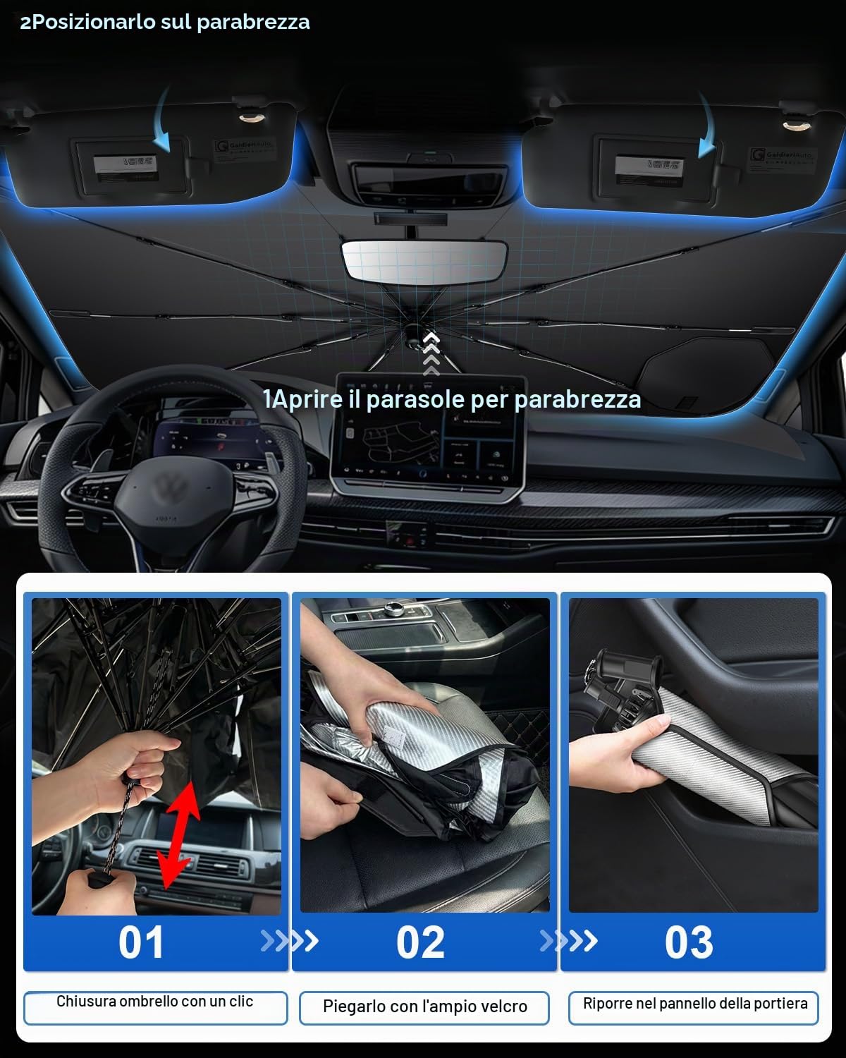 SHAOHAO Compatibile con VW GOLF8 Mk8 GOLF8.5 2020-2026 Parasole per auto Parasole per parabrezza Facile da riporre Maniglia con cordino Protezione UV Accessori parasole