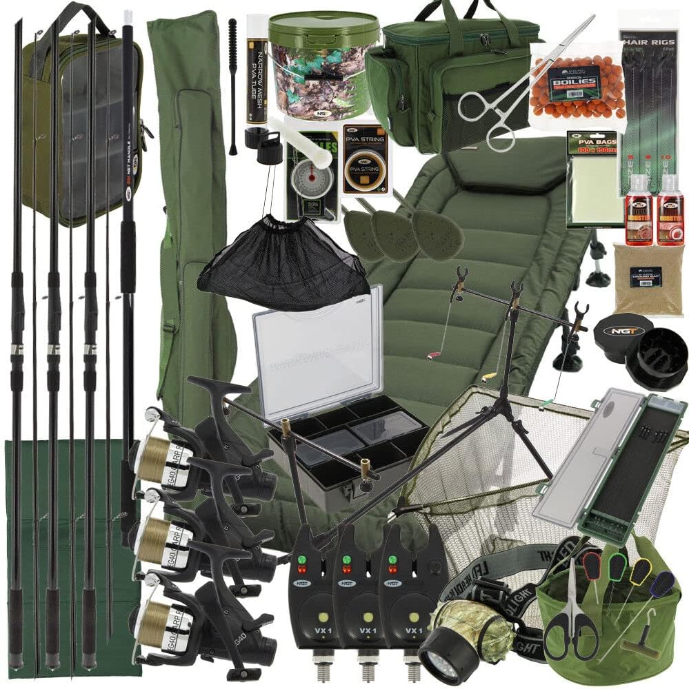 NGT BIG BOY Complete Carp Fishing Setup 3x Rods 3x Reels Tackle Holdall Bedchair Terminal Tackle,L