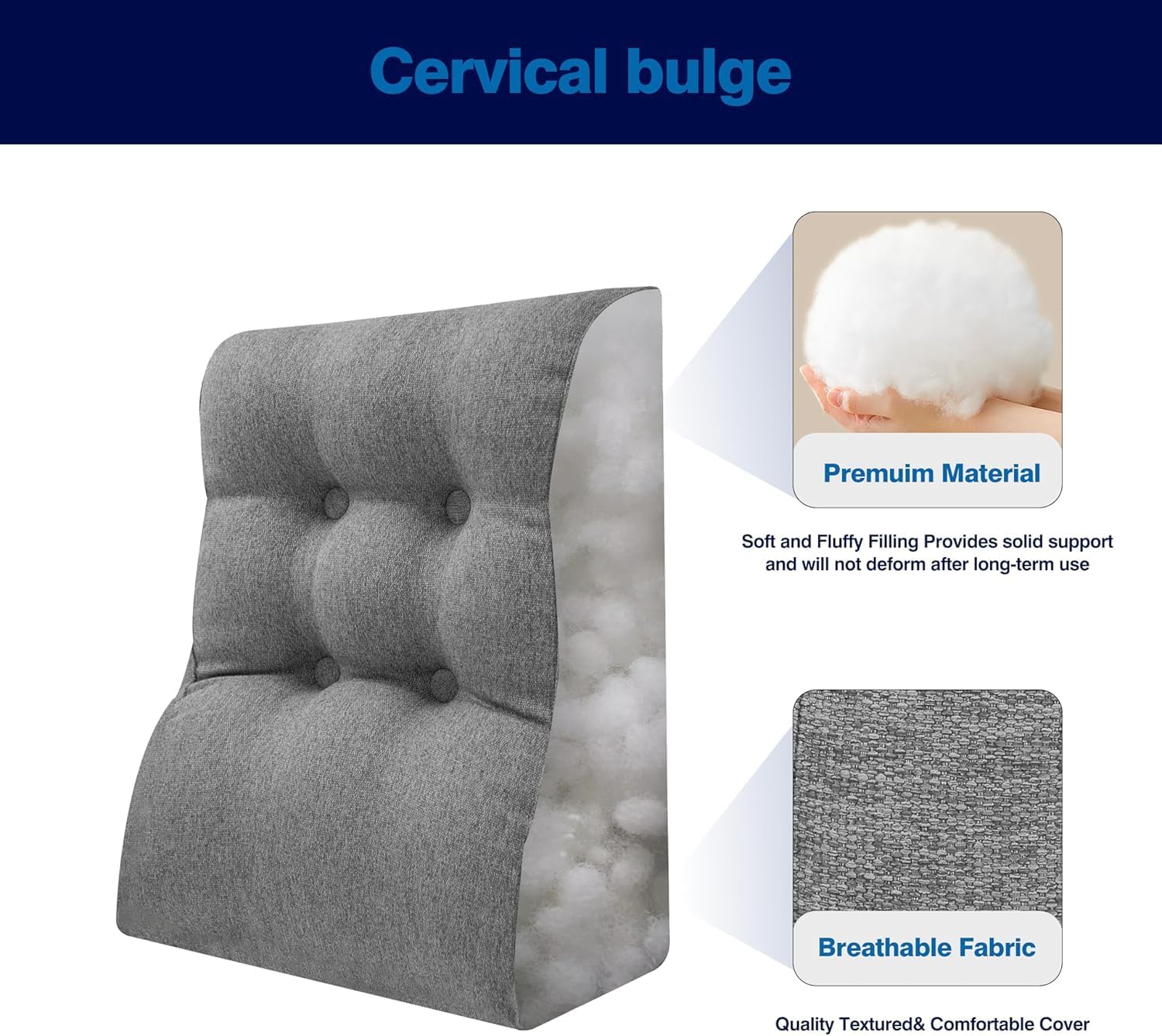 Daneey Reading Pillows for Sitting in Bed Adult, Back Support Pillow for Bed Removable Breathable Cover, Gray