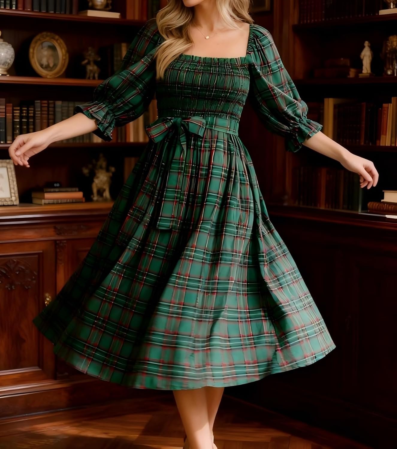 Women Christmas Plaid Maxi Dress Puff Sleeve Smocked Long Flowy Dress Bow Tie Ruffle Gingham Dresses - Image 4