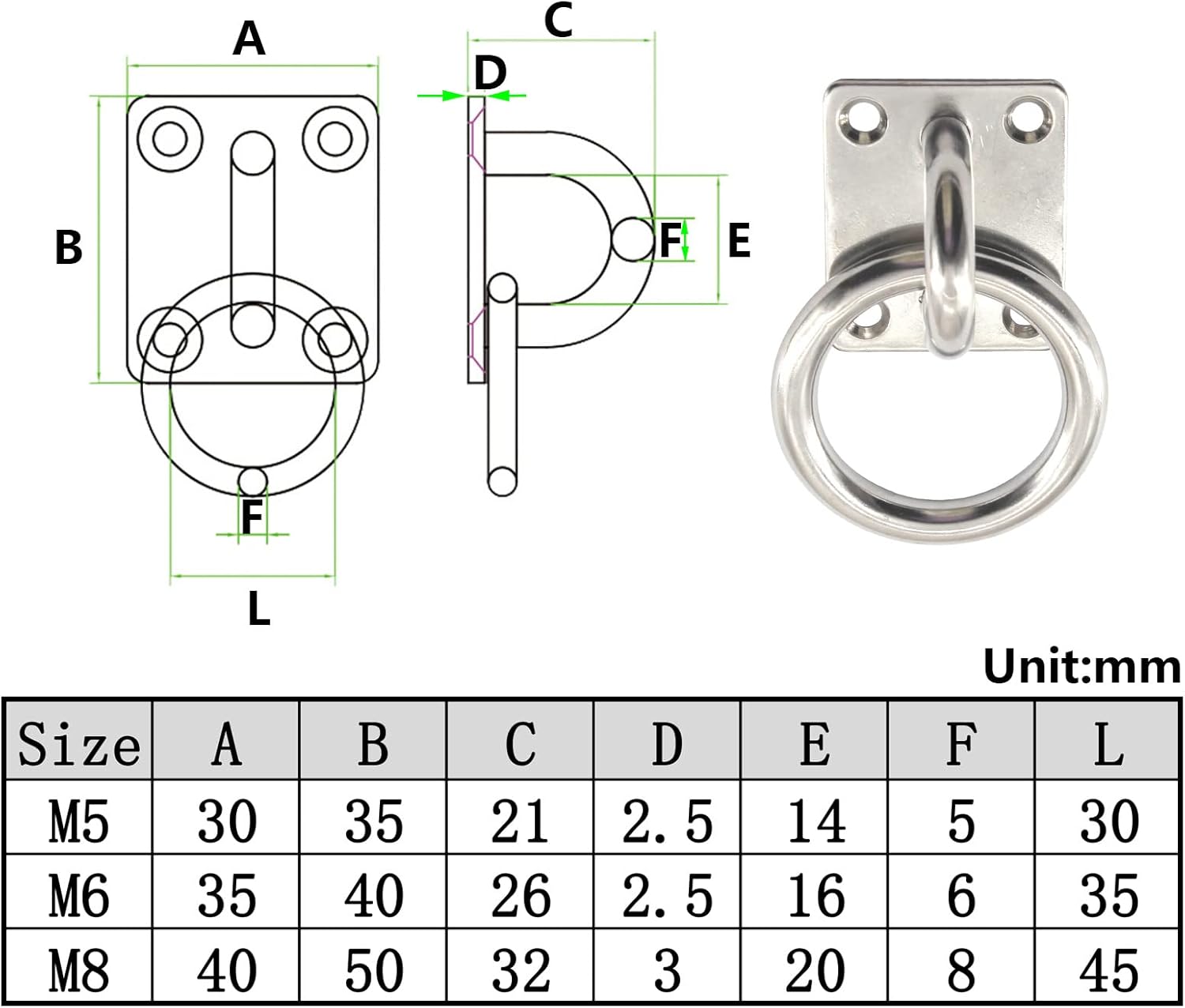 M8 Pad Eye Plate 304 Stainless Steel U Hooks Ring Hooks Ceiling Hook Screw in Hook Eyes Hanger (4 Pieces with Stainless Steel Screws)