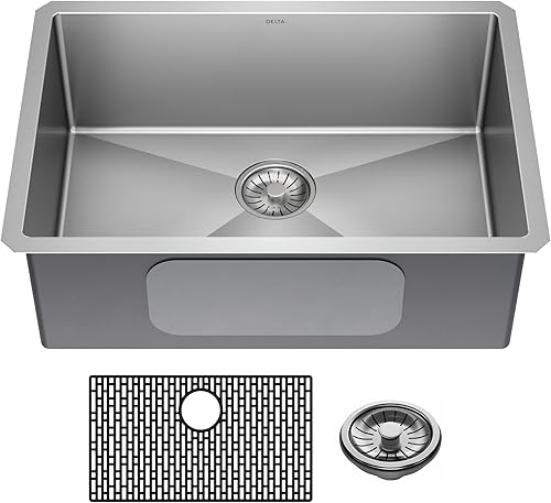 DELTA FAUCET 953034-26S-SS Lenta Fregadero de cocina de acero inoxidable de calibre 16 con accesorios, 26 pulgadas, satén