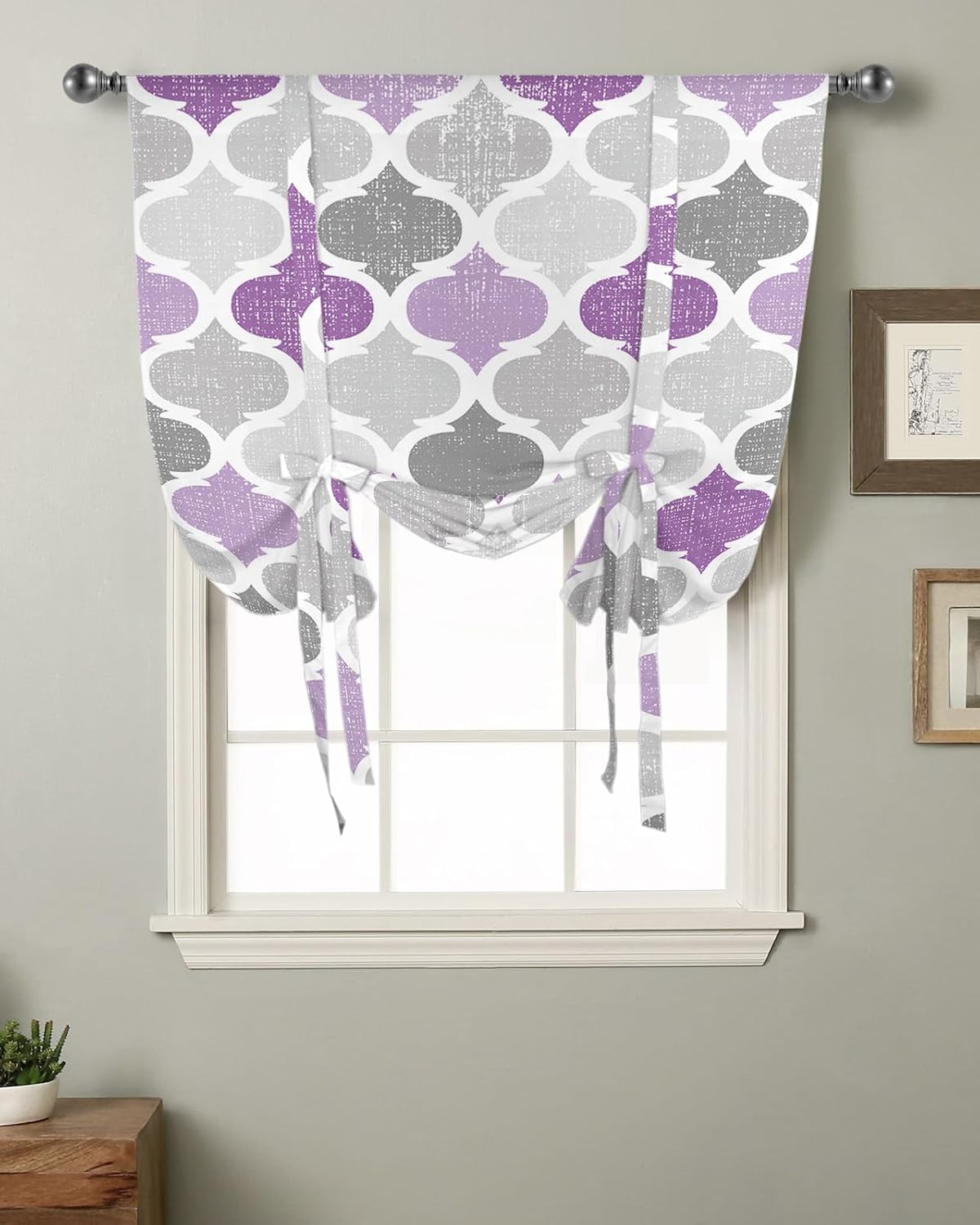 Vintage Purple Grey Moroccan Pattern Tie Up Window Shade Curtain Abstract Geometric Art Kitchen Adjustable Balloon Curtains Shades Drape 46x63In for Living Room/Bedroom/Cafe Windows