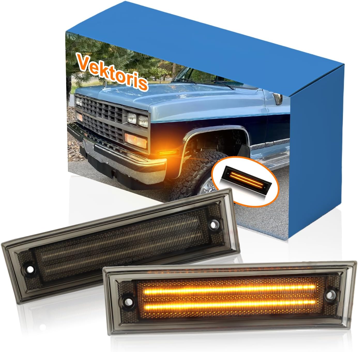 LED Front Fender Side Marker Light for 1981-1991 Chevy/GMC C/K 1500 2500 C10 C20 Suburban Blazer Jimmy Smoked Lens Amber Indicator Lamp, Replaces# GM2551107 GM2550115 915557 915558