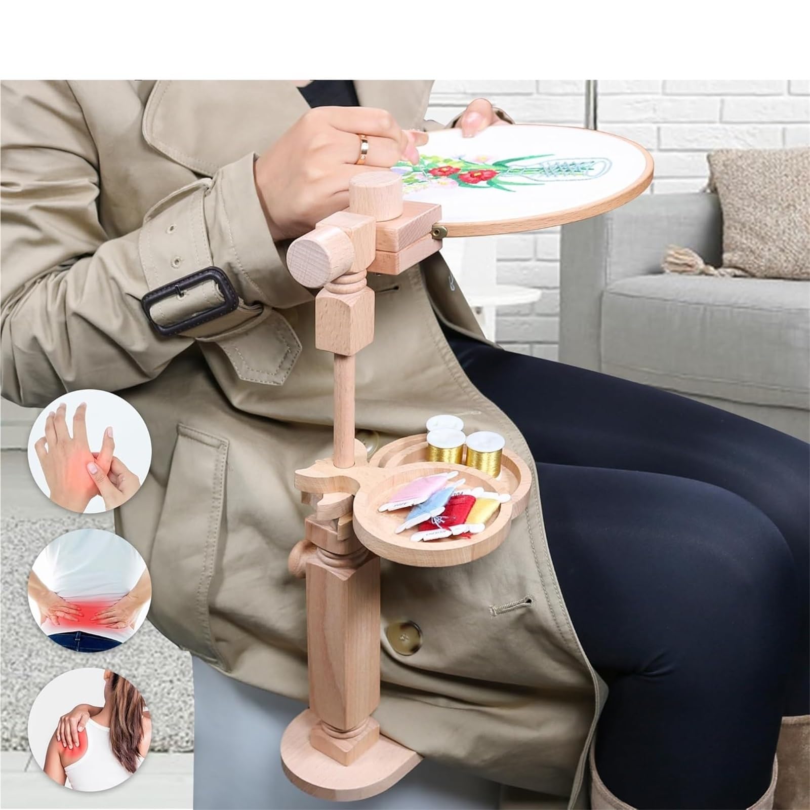 Soporte De Madera Bordado Bastidor de bordado haya con bandeja almacenamiento, soporte escritorio ajustable for punto cruz, manualidades costura y