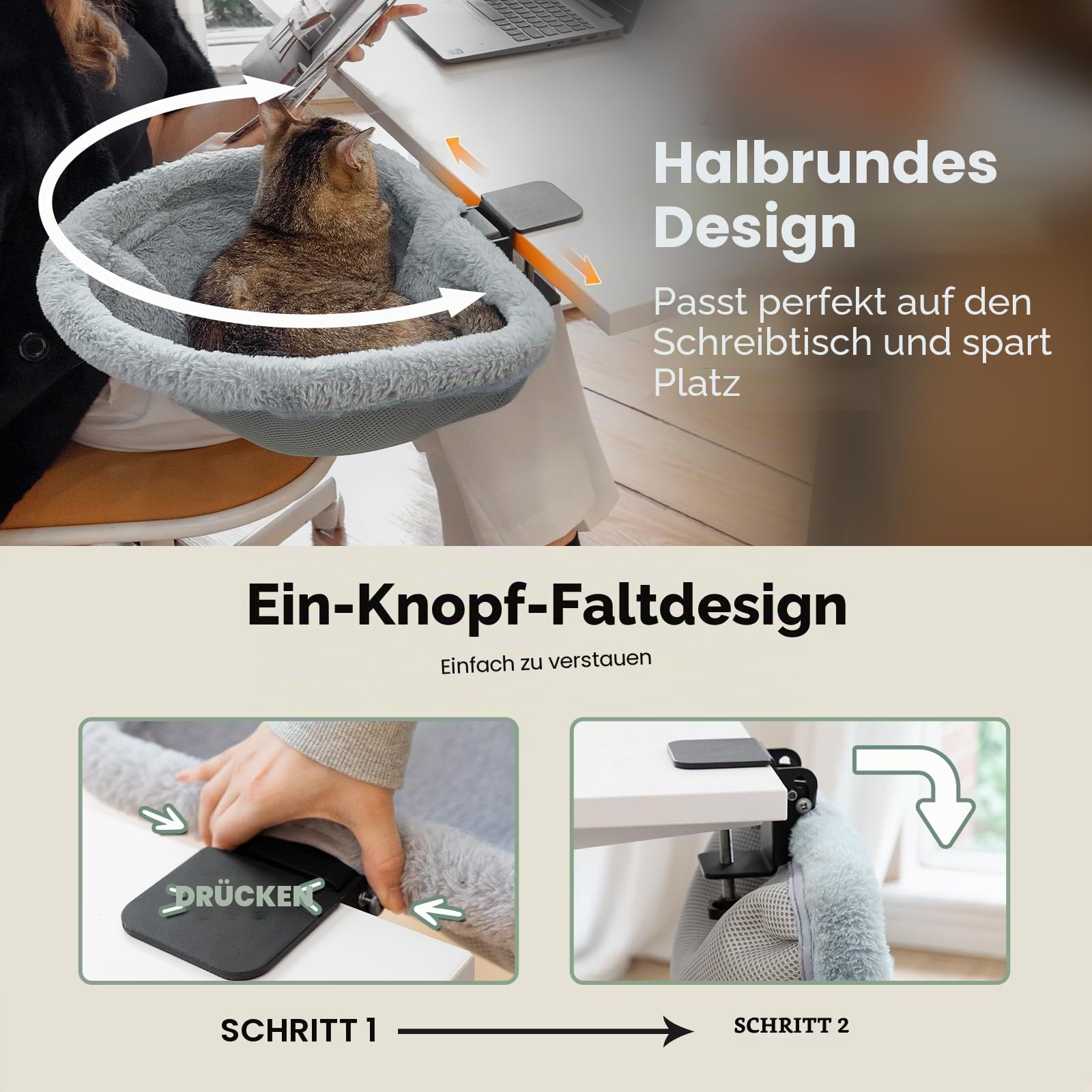 JUNSPOW Katzen-Schreibtischbett – EIN-klick-Faltung, versunkenes Design und platzsparendes halbrundes Katzenbett, weiches Kaninchenfell-Material, geeignet für Verschiedene Schreibtische, maximale