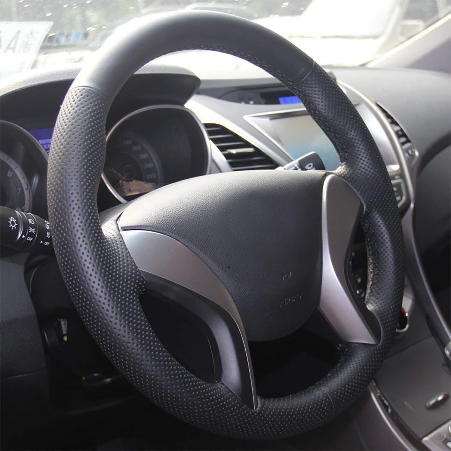 Loncky Black Genuine Leather Steering Wheel Cover for Hyundai Elantra 2011 2012 2013 2014 2015 / Hyundai Azera 2012 2013 2014 2015 2016 Accessories Car Interior OEM Custom Fit Hand Stitched Parts
