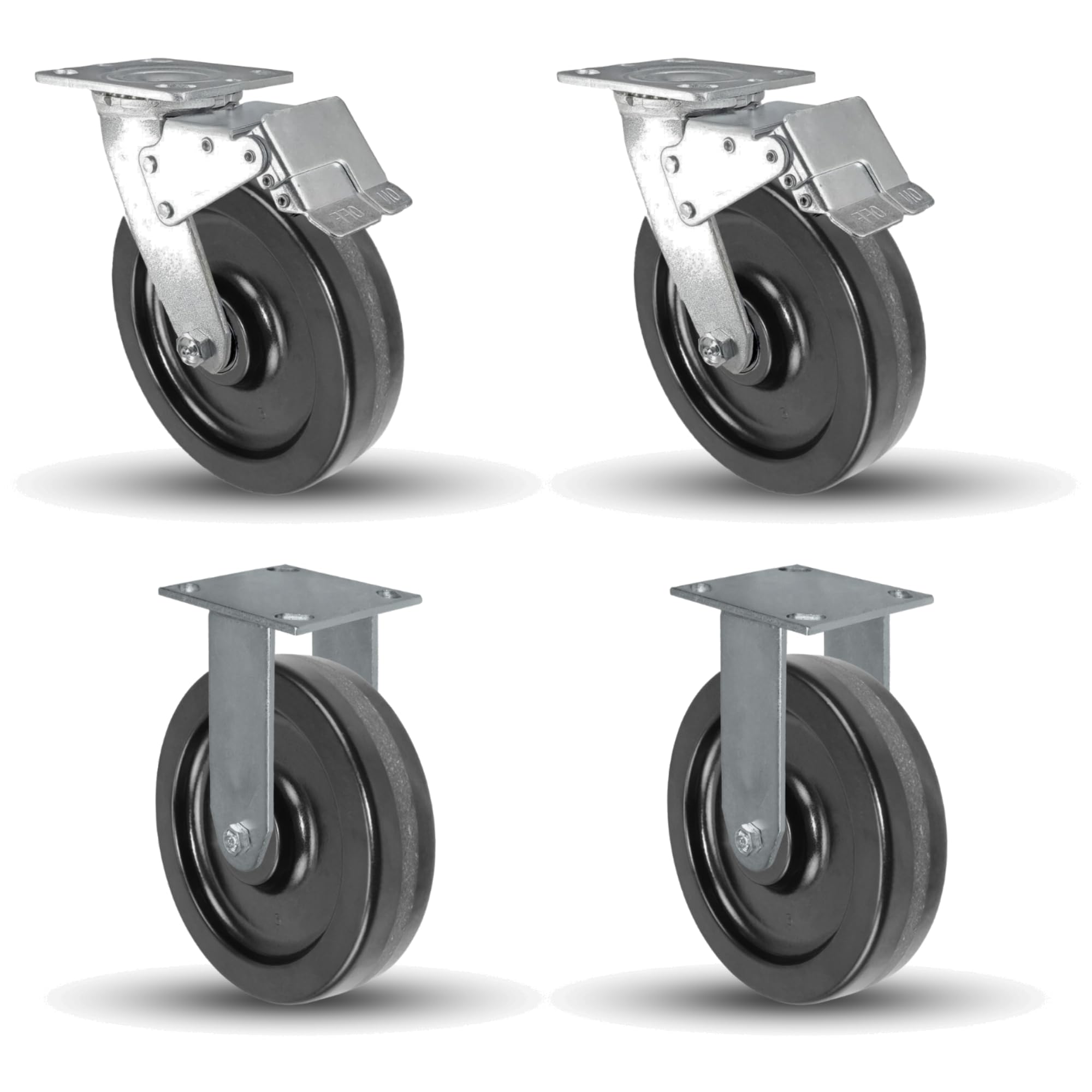 8" x 2" Phenolic Caster Set - 2 Total Locking & 2 Rigid - 4,000 Lbs Capacity