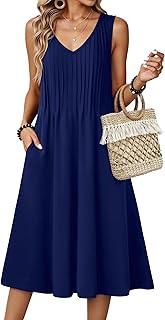 Women Summer Casual Dresses 2026 Sleeveless Midi Pleated Tank Sundress with Pockets V Neck A Line Swing Tshirt Dress