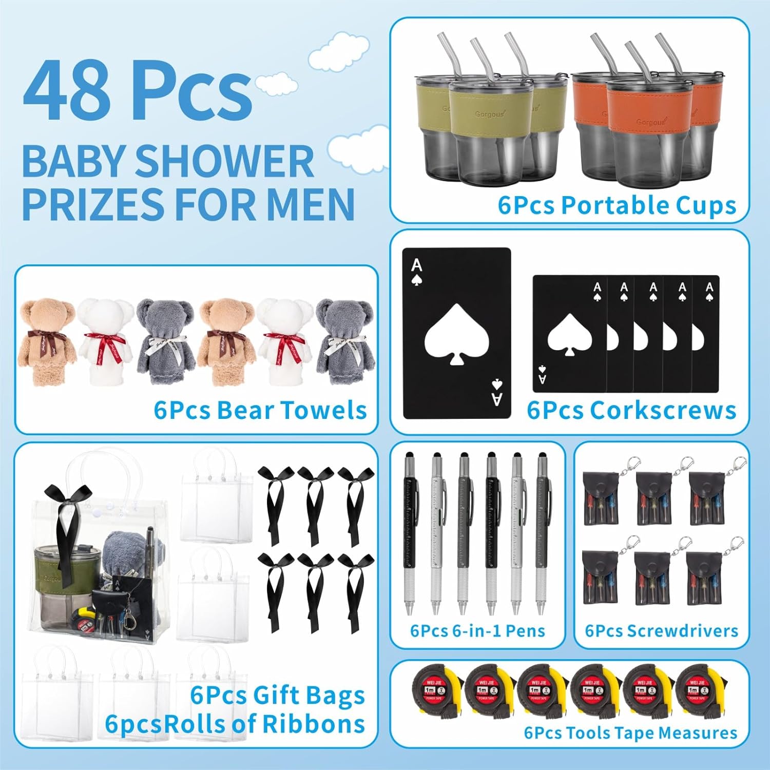 Baby Shower Prizes for Men with Cleaning Cloth Bottle Opener Screwdriver Tape Measuring Keychain Multi Tool Pen Funny and Useful Prizes for Party Game Winners (Black, Set of 6)