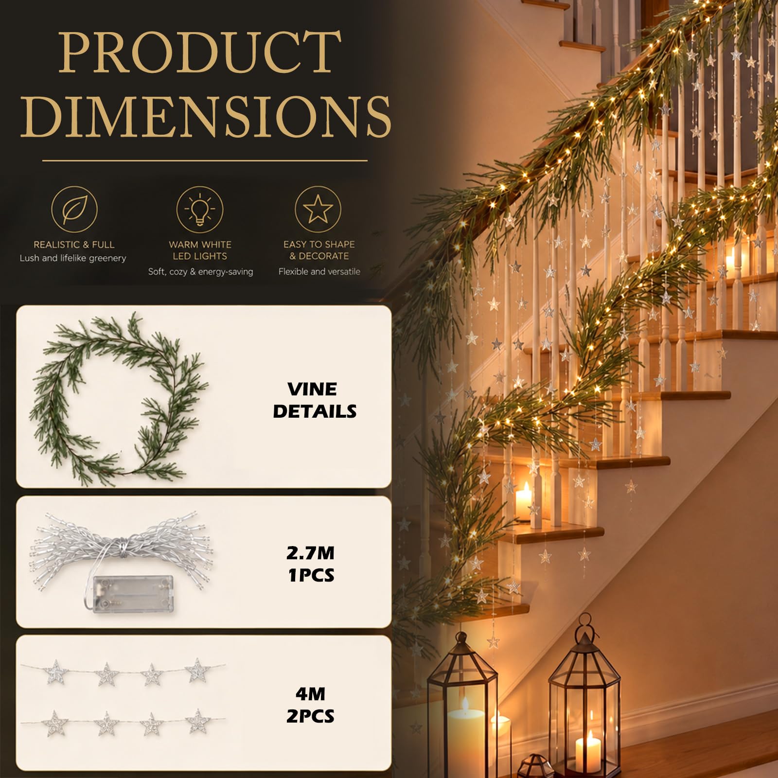 Dingion Weihnachtsgirlande mit Lichtern, Weihnachtstreppen-Dekor-Set, 4 m, Glitzerstern-Banner, batteriebetrieben, LED-beleuchtete Girlande für Weihnachten, Heimdekoration, Innentreppen, Geländer