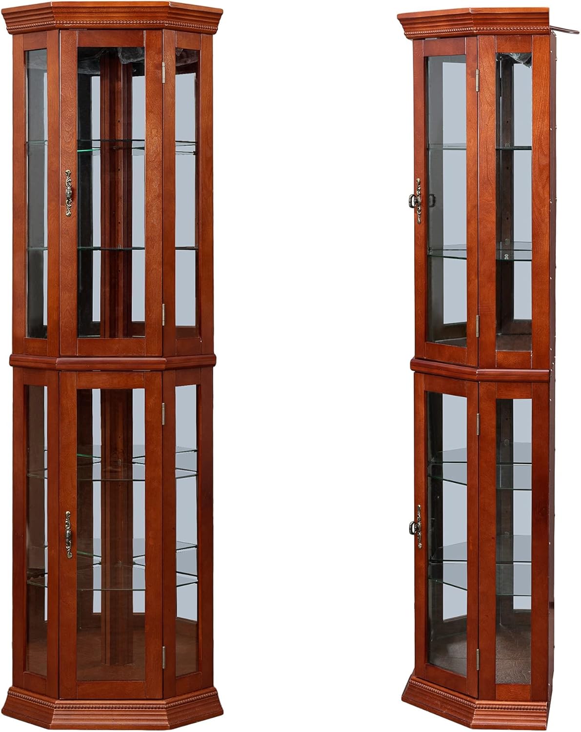Corner Bar Storage Cabinet with Lights, Corner Curio ,Bar and Liquor Storage Area with 6 Shelves Adjustable Tempered Glass Shelves, Mirrored Back, Display Cabinet, Living Room Display (Walnut)
