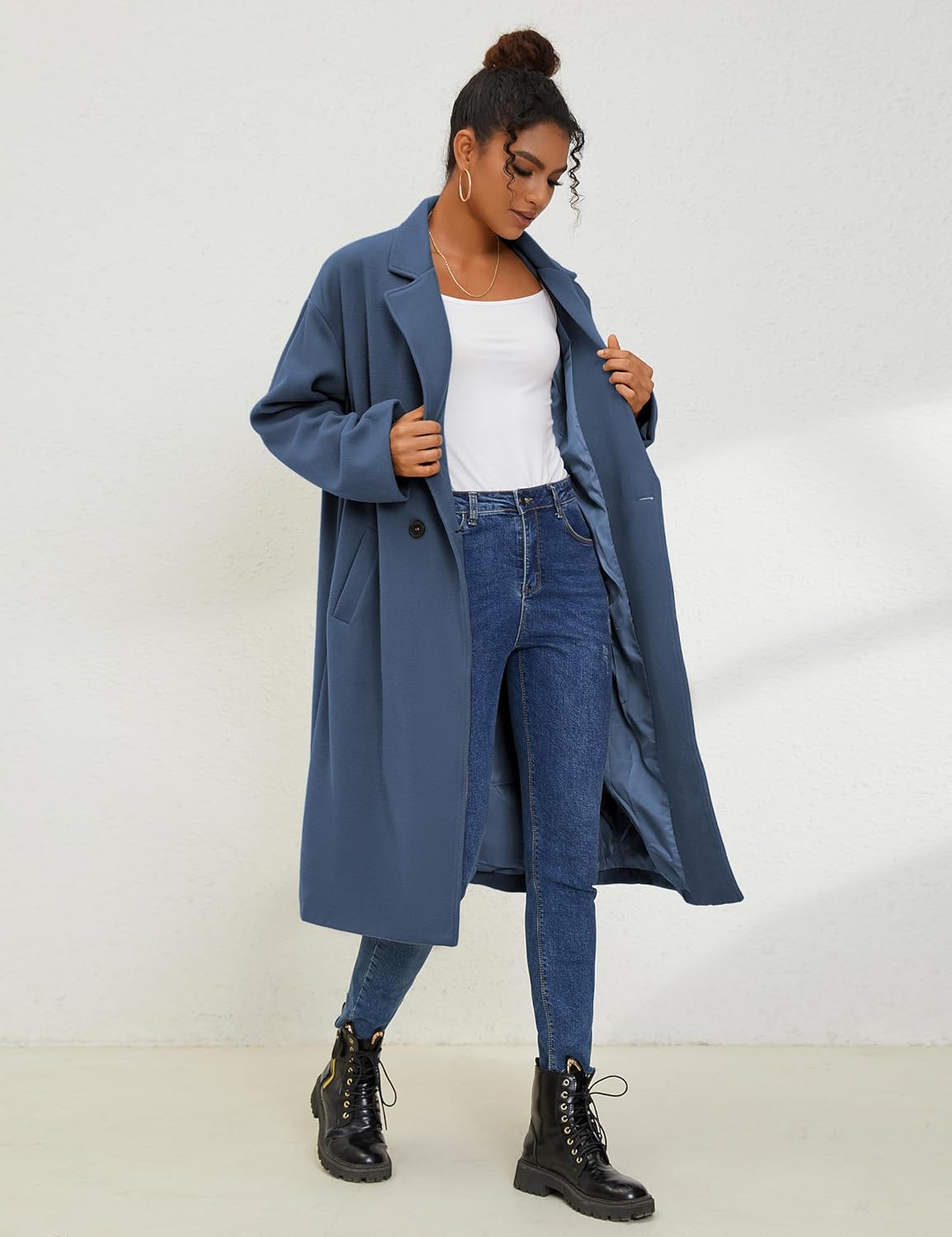 UANEO Women's Wool Blend Coat Oversized Double Breasted Long Trench Overcoat Winter - Image 3
