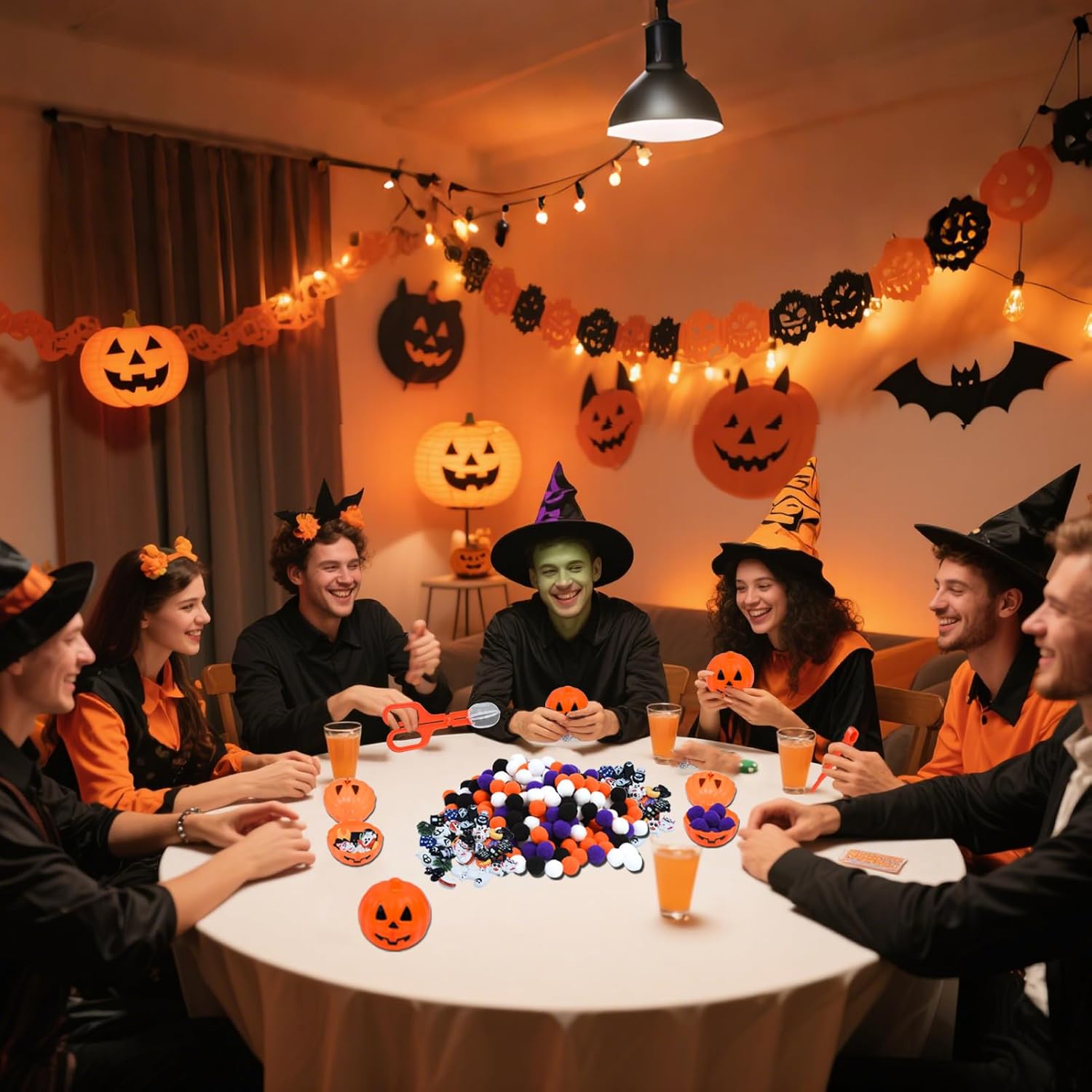 260pcs Halloween Fine Motor Sensory Bin Filler Set, Sensory Bin Tools 200 Pom Pom 50 Resin Figurines 6 Pumpkin Sorting Cup with Shovel Spoon for Counting Training Development DIY Crafts Decor