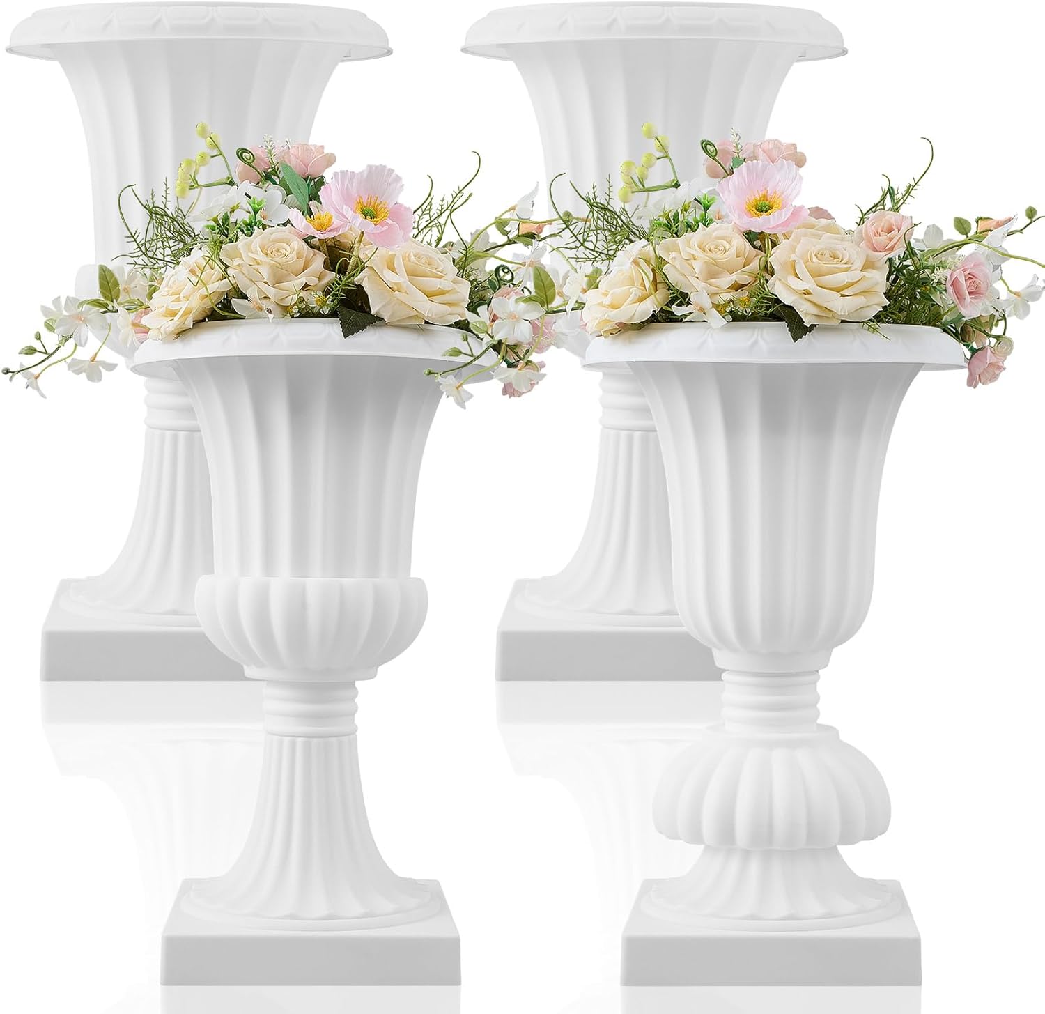 4 Pack 20" Large Plastic Urn Planters, Pedestal Flower Plant Pot White Plant Stand for Wedding, Party, Event, Home, Stage, Garden, Balcony Decoration 20 Inch Classic 4