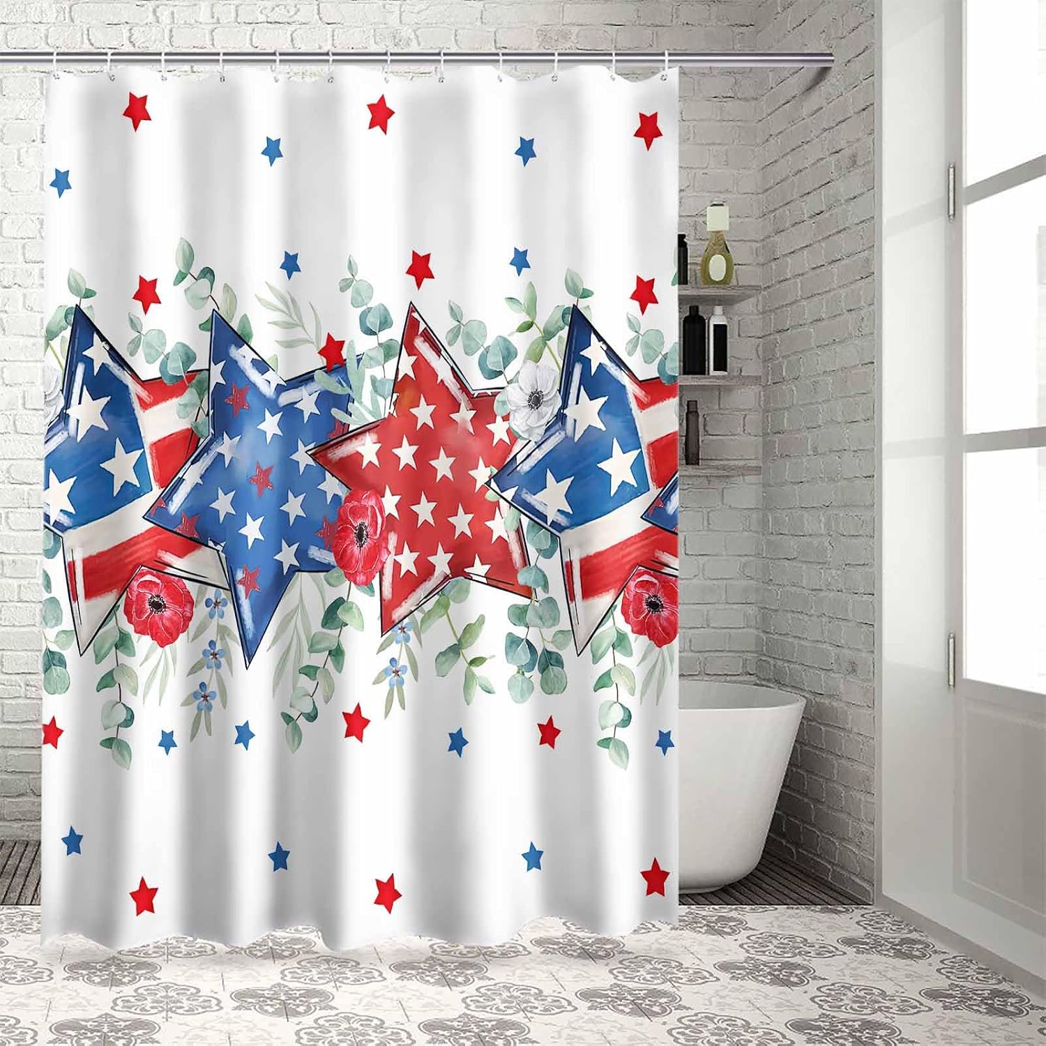 4th of July Shower Curtain, Patriotic Memorial Day Shower Curtains Set with Hooks, American Flag Stars Summer Poppy Eucalyptus Waterproof Fabric Bathroom Curtains Decor Accessories,72 X 72 Inch Long